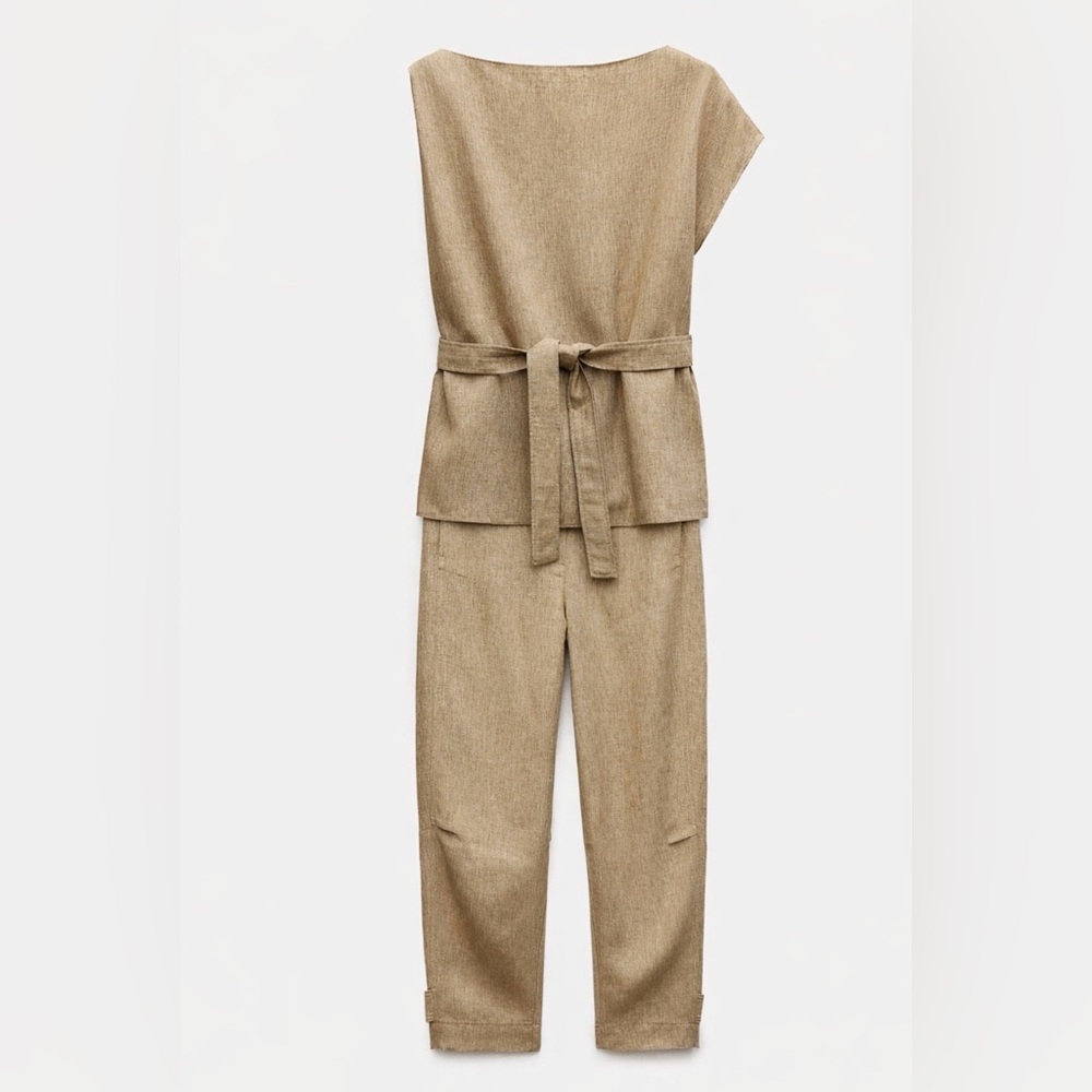 Zara Beige Belted Jumpsuit
